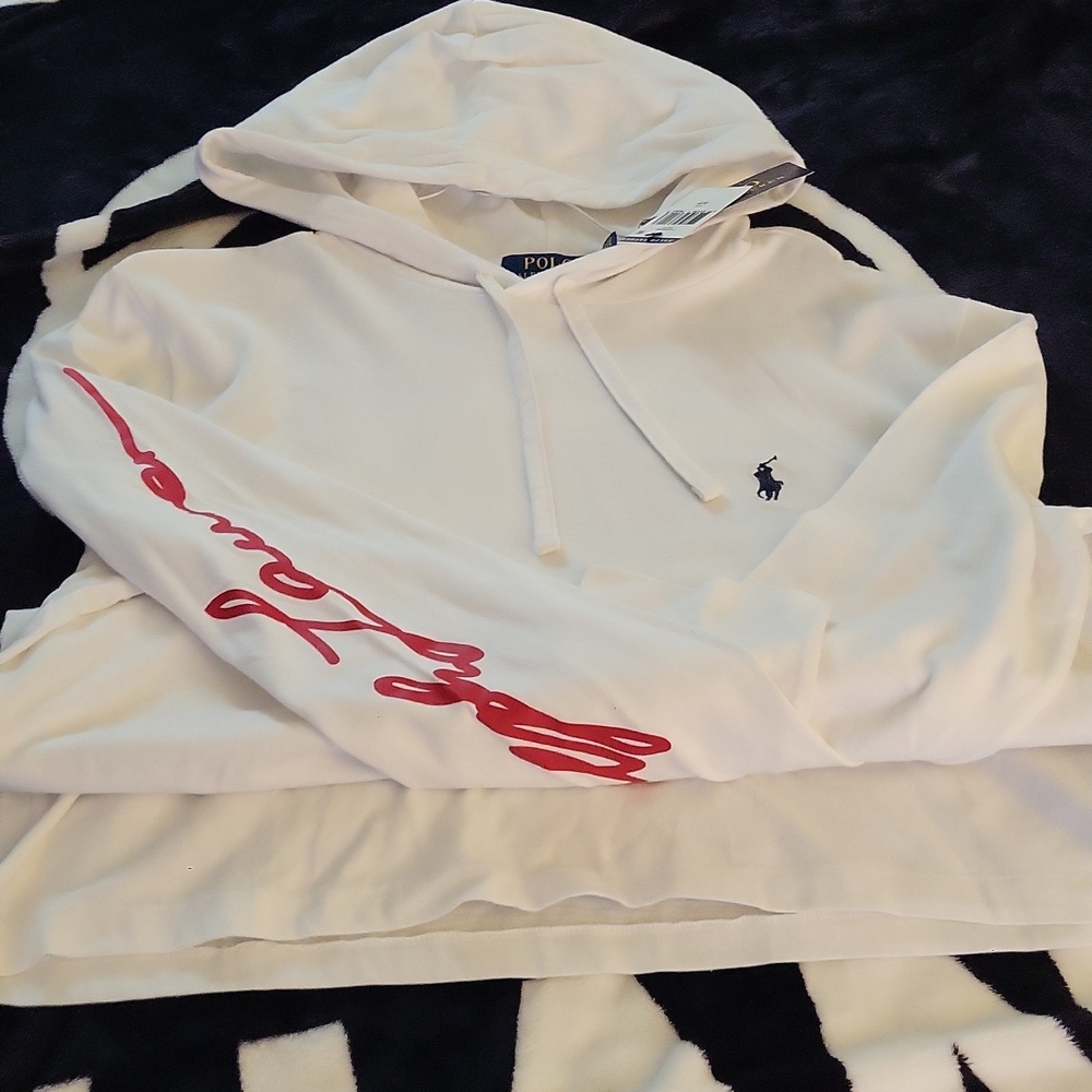 Polo by Ralph Lauren White Zip-Up Hoodie with Red Script Sleeve (Black Horse) - Picture 5 of 11